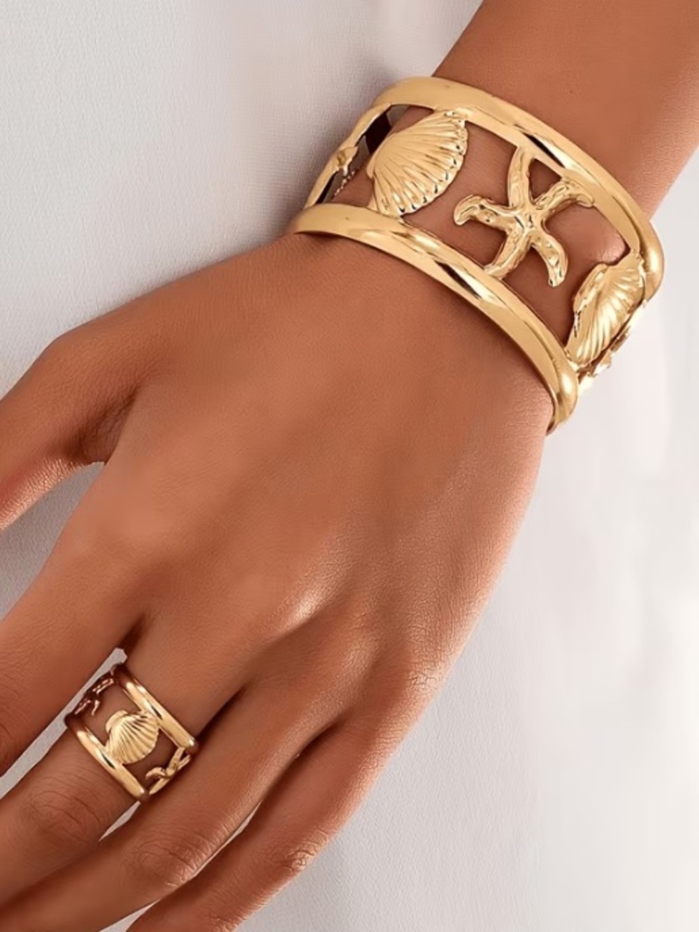 Gold Sea Life Cutout Cuff Bracelet & Ring Set